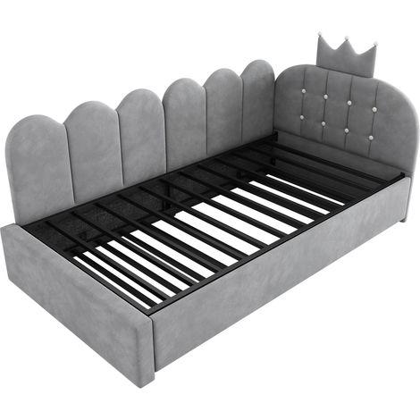 Letto estraibile per bambini in velluto grigio 90x200 cm con cassetto e design a corona (1/5)