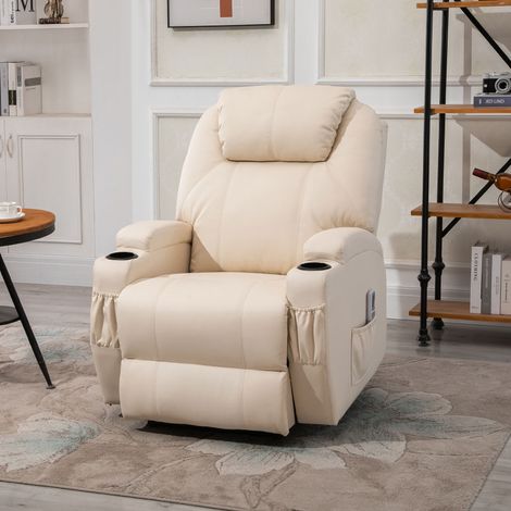 Fauteuil Luxe de Relaxation et Massage Inclinaison Dossier Repose-Pied électrique revêtement synthétique Crème