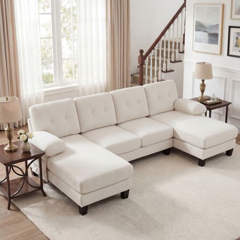 Canapé con doppia chaise longue in chenille beige 268x128x84 cm con tasche laterali e braccioli rimovibili (1/5)