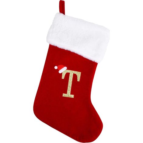 Chaussette de Noël de 50 cm avec motif de lettres, grande chaussette de Noël rouge, idéale pour le sapin et les décorations de Noël (T) (1/5)