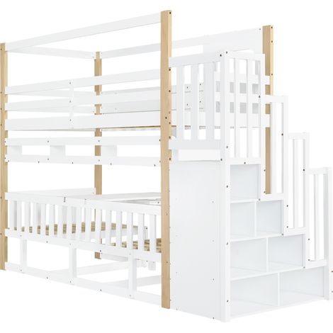 Lit superposé enfant avec bureau rabattable 90 x 200 cm blanc et naturel en pin MDF et contreplaqué (1/5)