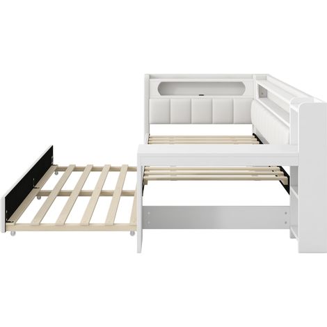 Cama de día tapizada 90 x 200 cm con cama extraíble, escritorio, LED y USB, blanca (1/5)