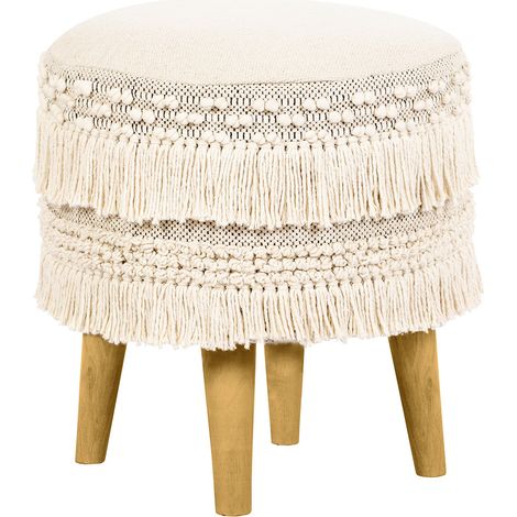 Runder Pouf Hocker - Boho Bali Stil - Debra  Cremefarben