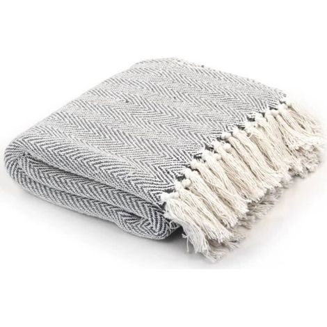 1 pièce Couverture coton, 220 x 250 cm, gris doux — plaid déco salon chambre avec glands, tissu recyclé pour intérieur moderne