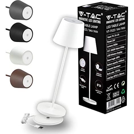 V-TAC Lampada da Tavolo senza Fili LED Dimmerabile in Alluminio – Lampada Bianca Wireless per Uso Interno ed Esterno IP54 da Casa o Ristorante – Design Elegante – Luce Bianca Calda (1/4)