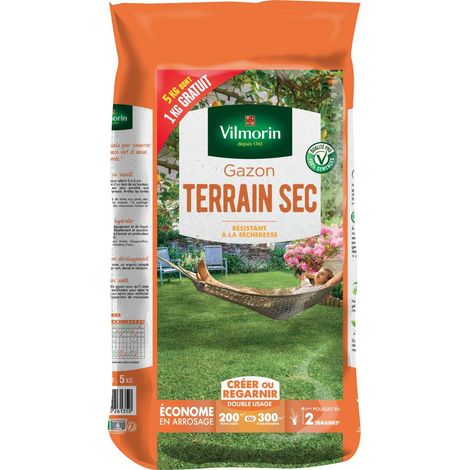 Vilmorin – Gazon terrain sec 5kg – Résistance à la sécheresse – Pour terrains pauvres – Couverture 120 à 180 m² – 1kg gratuit inclus