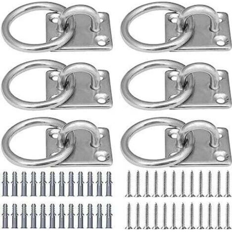 Plaques oculaires en acier inoxydable – Lot de 6 œillets carrés avec anneaux argentés, crochets plafond, 24 vis + chevilles, pour cordes yoga (1/5)