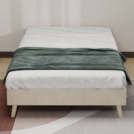 Lit 90x200cm - Lit Simple 90x200 - Minimaliste - Structure Basse en Velours Hollandais - Sans Tête de Lit - Beige (1/5)