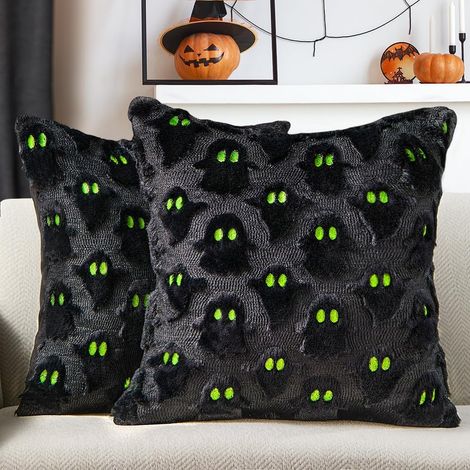 Housse de coussin antidérapante Halloween - Lot de 2 pièces 45 x 45 cm - Motif fantôme noir - Douce et moelleuse, imitation fourrure synthétique, idéale pour canapé, fauteuil, chambre, salon et décora