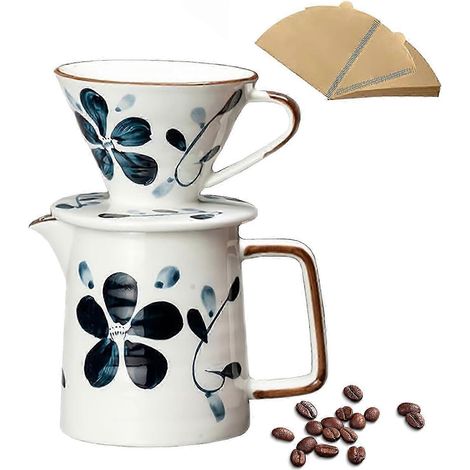Ensemble cafetière à filtre en céramique avec verseur et filtres en porcelaine, fabrication artisanale 4 tasses (1/5)