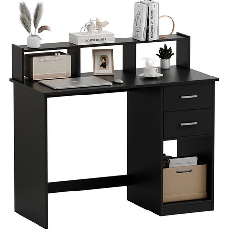 Mondeer – Bureau droit avec étagères de rangement et 2 tiroirs 105x94x48cm – Panneaux de particules – Design moderne et minimaliste – Facile à nettoyer