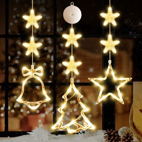[Minuter] Guirlande lumineuse de Noël à piles, étoiles suspendues, pour sapin de Noël, cheminée, intérieur et extérieur, blanc chaud, lot de 3 (1/5)