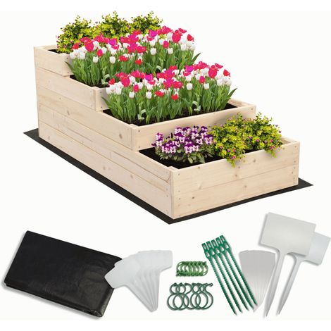 MODO24 Carré potager surélevé en bois, 4 niveaux en cascade, 45x60x120 cm, jardin/terrasse, kit jardinier inclus, naturel
