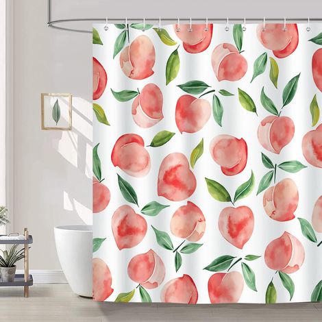 Duschvorhang aus Polyester mit sommerlichem Fruchtmuster, pfirsichrosa, schimmelresistent, wasserdicht, waschbar, mit 12 Haken (1/5)