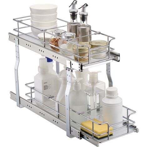 Rangement sous Évier à 2 Niveaux 215x533x385 mm, Étagère Coulissante pour Placard en Acier Chromé, Organisateur Coulissant pour Cuisine, Taille d'Installation du Placard 245x563x485 mm (1/5)