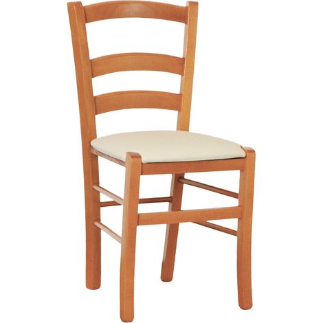 Sedia legno venezia color ciliegio con seduta similpelle imbottita beige