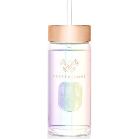 CRYSTALLOVE Bottiglia d'acqua in vetro con cristallo di rocca e cannuccia 400 ml - Ologramma (1/5)