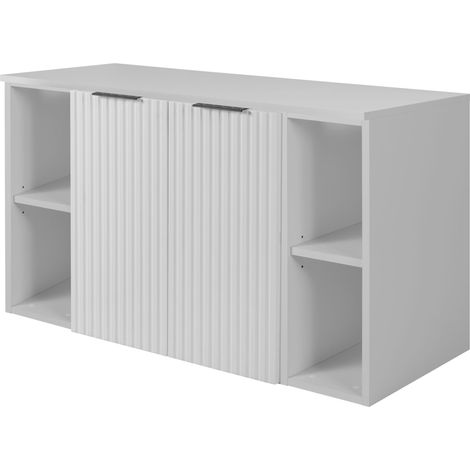 Furnidea - Meuble sous vasque suspendu FLOW BLANC 100 cm avec 2 x l'étagères - extensions et plan - 2 portes - façades rainurées (1/5)