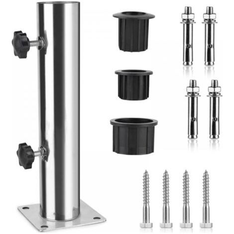 Tube Parasol, Pied de Parasol, Support Parasol en Acier Inoxydable Réglable avec 3 Anneaux de Réduction en PVC (32/38/48mm), Pied pour Parasol avec 8 Clous en Acier (1/5)