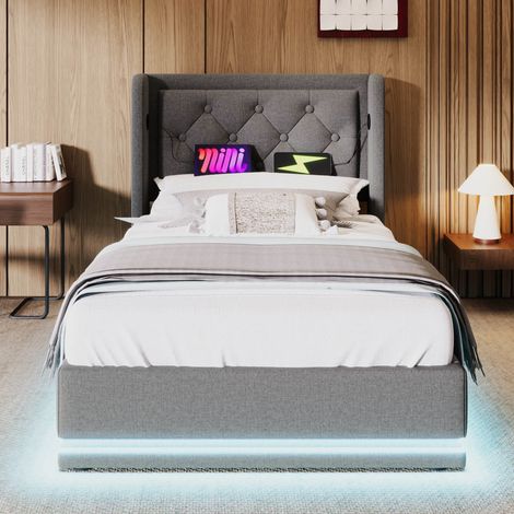 Lit rembourré 90x200 cm gris tissu rangement LED USB coffre (1/5)