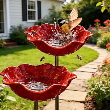Vasca da bagno per uccelli in metallo a 2 pezzi con motivo floreale, realizzata a mano con pannello forato da giardino, vasca da bagno isolata per uccelli/insetti, vasca da bagno per giardino/api, ros (1/5)