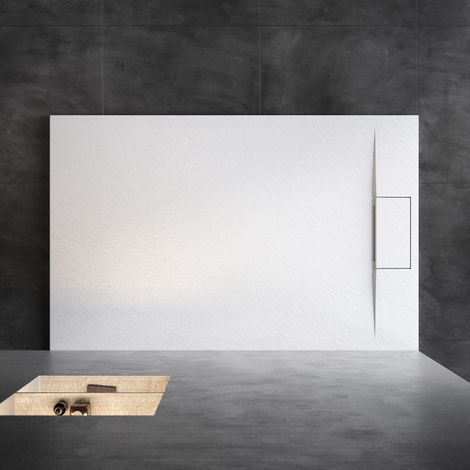 SONNI Piatti doccia 140x90cm piatto doccia di alta qualità per box doccia bagno SMC bianco 32mm ardesia texture incl. set di scarico antiscivolo design tagliabile (1/5)