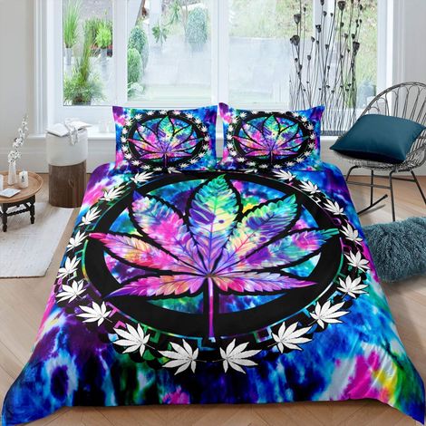 Parure de lit motif feuille de cannabis, parure de lit avec housse de couette de 135 x 200 cm, pour enfants, adolescents, adultes, mode botanique, avec 1 taie d'oreiller (1/4)