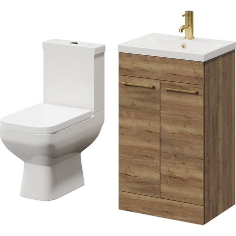 Turin Tobacco Oak 500mm Floor Standing Vanity Unit and Toilet Suite with 1 Tap Hole Glide Basin and 2 Doors with Brushed Brass Handles (1/5)