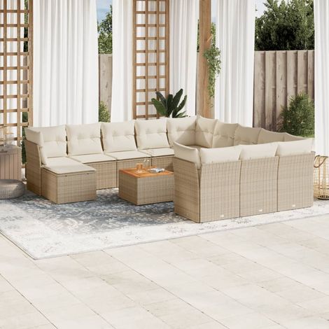 Canapé d'angle modulaire 13 pièces, résine tressée beige, table bois d'acacia (1/3)
