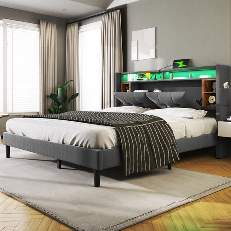 Bett Doppelbett Stauraum 160x200 LED USB Grau OKMYHOME