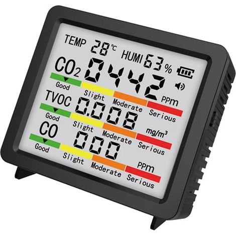 Détecteur gaz 5-en-1 CO2 CO TVOC thermo-hygromètre portable intérieur extérieur maison bureau voiture noir (1/5)