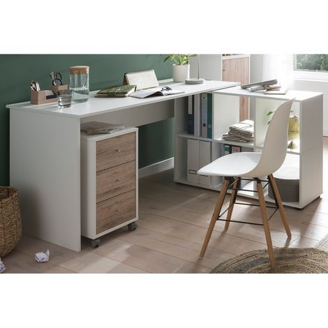 Eckschreibtisch Büro inkl. Rollcontainer BRAGA-80 in weiß mit Wildeiche Nb., B/H/T: ca. 150/73,6/121,6 (1/5)