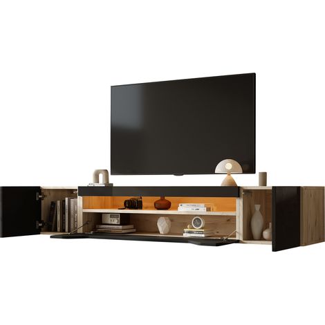 Mobile TV 180x37x36 cm Sospeso a Parete, con Luci LED e 3 Scomparti, Pannello truciolarem, Nero, per TV 75 Pollici (1/5)