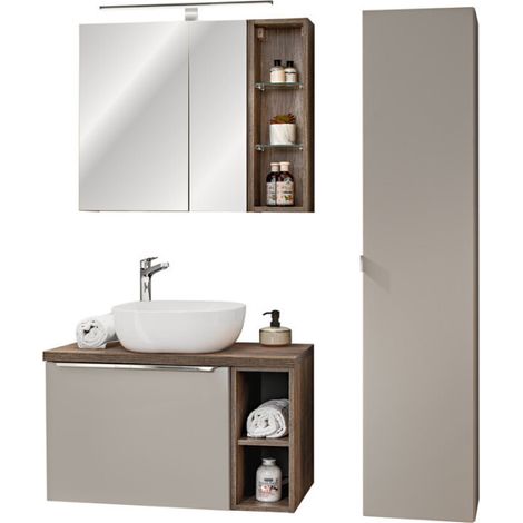 Ensemble complet Salle de Bain - Sous-vasque ouvert 80cm + Vasque + Cabinet Miroir LED + Colonne - Taupe et chrome - Rosario - Livraison gratuite
