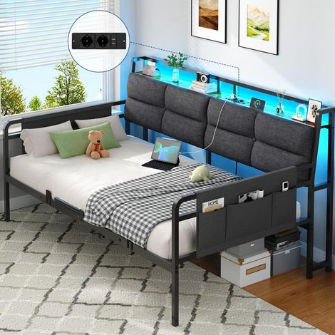 Canapé-lit 90x200cm avec LED et station de charge, lit d'appoint gris (1/5)