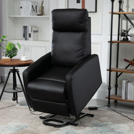 Poltrona reclinabile elettrica con sollevamento, poggiapiedi regolabile e telecomando, rivestimento in materiale sintetico nero.