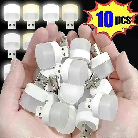 Lot de 10 veilleuses LED mini USB avec prise USB, lampe de lecture ronde avec chargeur et protection des yeux. (1/4)