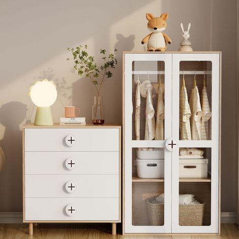 Set armadio e cassettiera 80x50x150 cm naturale e bianco in MDF con ante acriliche e 4 cassetti (1/5)