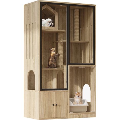 Casa para gatos CHICFURN 90x50x160 cm con almacenaje y rascador, MDF y vidrio templado (1/5)