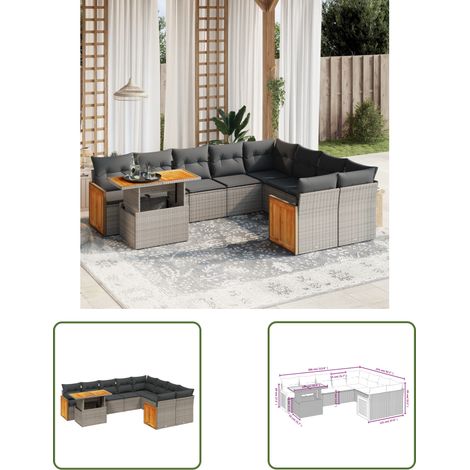 The Living Store 10-tlg. Garten-Sofagarnitur mit Kissen Grau Poly Rattan - Gartensorte - Outdoor Möbel - Lounge Set - Gartenmöbelgarnitur - PE-Rattan (1/3)