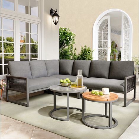 divano seduta set giardino 6 posti tavolini grigio OKMYHOME (1/5)