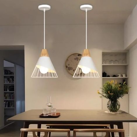 2PCS Moderne Lustre Suspension Industrielle en Bois Métal Plafonnier Luminaire Style Nordique Blanc pour Sanlon Chambre (1/4)