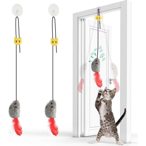 2Pcs Jouet Chat Interactif Souris Suspendue avec Queue à Plumes - Souris Suspendue avec Bruit et Corde Élastique - sans Piles, Idéal pour Jeu Autonome (1/5)