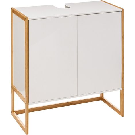 Pegane – Meuble bas de salle de bain en MDF blanc et bambou – Longueur 70 cm x Profondeur 33 cm x Hauteur 80 cm – 2 portes avec étagères (1/3)