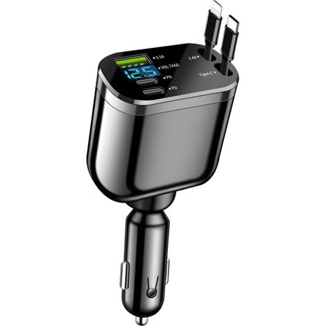 Caricabatterie retrattile per auto - Caricabatterie per auto ultraveloce 4 in 1, accessori per la ricarica del telefono cellulare con due cavi di tipo C e due porte USB, universale per SUV, ecc. (1/4)