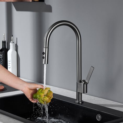 Robinet de Cuisine Extractible Gris, Bec Pivotant 360°, Montage 1 Trou, Cartouche Céramique, Mélangeur Eau Froide/Chaude pour Évier (Finition Gris Anthracite Brossé)-Alovez (1/2)
