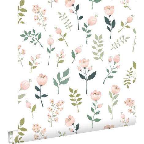 papier peint fleurs blanc, rose et vert  - ESTAhome (1/5)