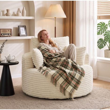 Poltrona singola profonda senza struttura, design in schiuma, 4 cuscini, crema (1/5)