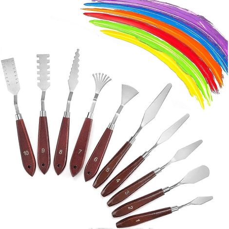 Ensemble de 10 couteaux à palette à manche en bois pour peinture acrylique, outils d'art pour peinture à l'huile et toile (1/4)