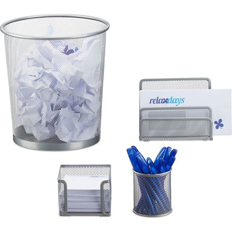 Relaxdays set organizer da scrivania 4 pz in metallo, portadocumenti, portapenne, portamemo, cestino gettacarte, argento